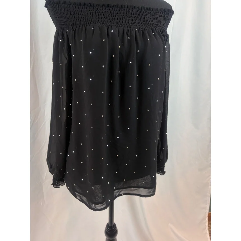 Black Off Shoulder Rhinestone Embellished Smocked Blouse Long Sleeve Size‎ Small